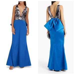 Sachin + Babi Topanga Blue Silver Sequin Bodice Gown with Back Bow Size 6